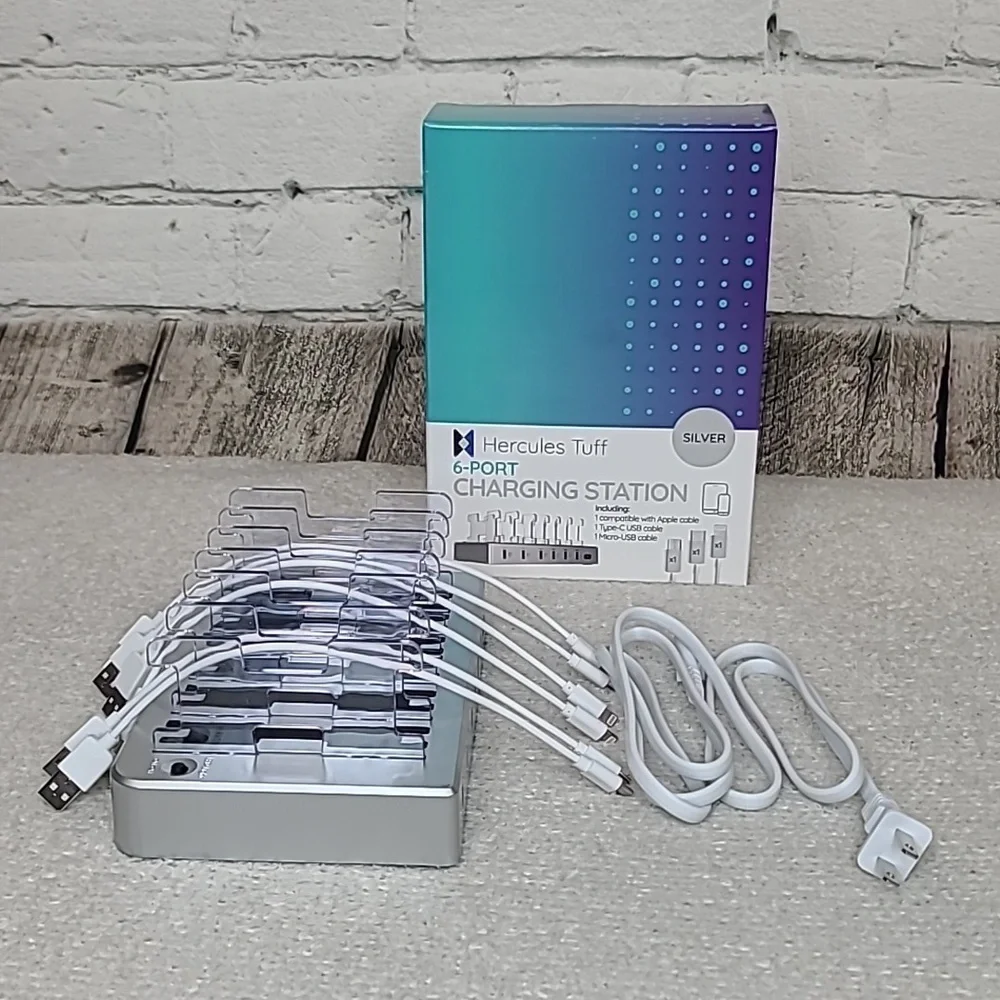 Hercules Tuff Charging Station for Multiple Devices, with 6 USB Ports Silver NWT